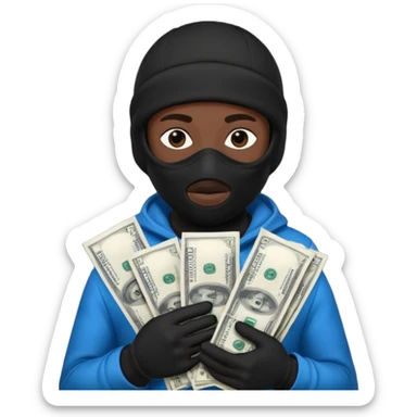 Black Ski mask holding bags of money with  skin color black sticker