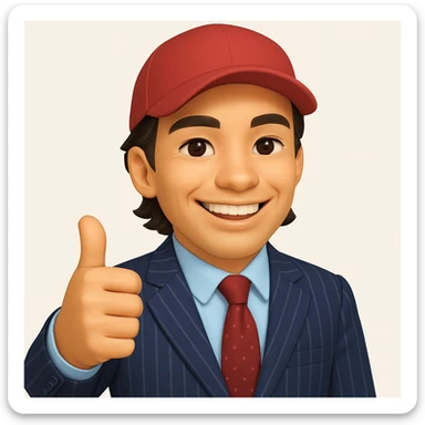 Create a 60% realistic emoji of a smiling man in a pinstripe suit and red cap, giving a thumbs up. The style should blend emoji and realism, being more stylized and less photorealistic than a typical photorealistic image, with a clear emoji influence but still showing some realistic details. Use the reference photo for inspiration: https://attic.sh/wfieu0kunyspgsk9ox1u05rutofl sticker