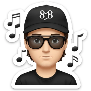 “Emoji of a white man with dark brown hair under a black baseball cap, wearing a black t‑shirt and 1980s‑style black Ray‑Ban rectangle sunglasses, with black musical notes floating around his head,  sticker