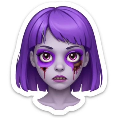 Zombie girl, with bangs above her eyebrows, purple highlights in her dark blonde hair, thin eyebrows. sticker
