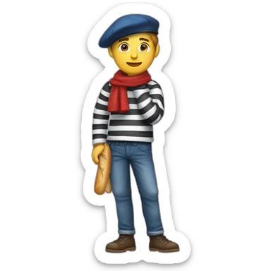 a french guy with a beret, black and white striped clothes, a red scarf, a baguette on his back and blue jeans. sticker