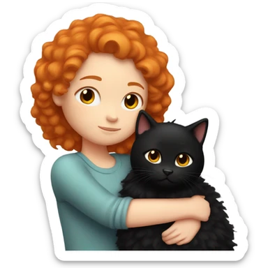Ginger girl cuddling with black fluffy cat sticker