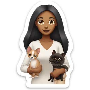 Latino woman with black staight hair and brown eyes is holding a grey sphinx cat and a ginger Pomeranian dog sticker