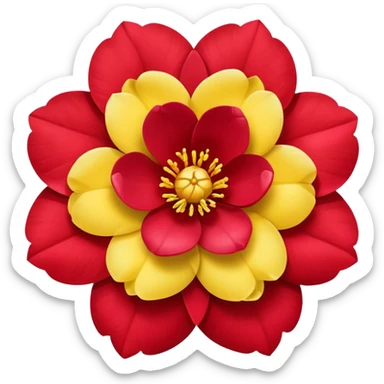 simple red camellia flower with exactly five overlapping petals and yellow center sticker