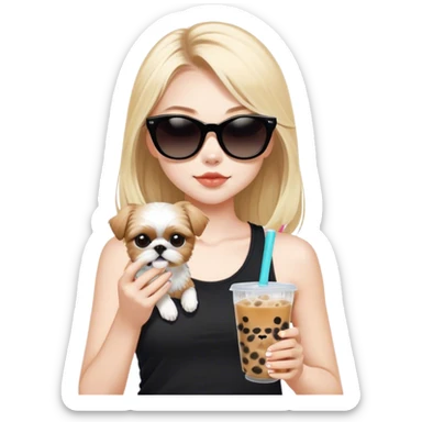 Blonde girl with pale skin and long hair with all black cat eye sunglasses in black tank top and boba tea and tan Shih Tzu  sticker