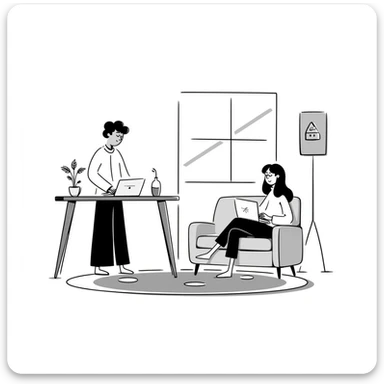 escenary 3d of a cozy mid-century living room with two people working on laptops, one man standing at a desk, and one woman sitting on a couch sticker