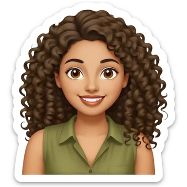 Mujer latina piel brown claro, mediana, cara redonda en forma de pera, cejas definidas, pelo muy largo rizado, peinado hacia atrás con bucles sueltos al frente. Sonrisa amplia, expresión alegre. Blusa verde olivo sin mangas sticker