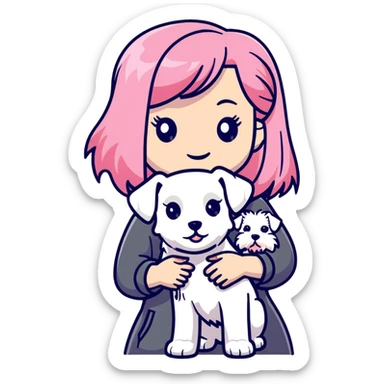 Girl with long flowing pink hair holding a white schnauzer dog sticker