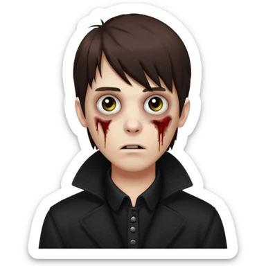 Zombie, emo guy with dark circles under his eyes and medium brown hair with straight bangs, in a black long
 sticker