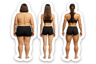 fai una donna di spalle in gym shorts leggermente sovrappeso e con cellulite e accanto una seconda donna di spalle magra (che è dimagrita post dieta) e accanto una terza donna in forma allenata e con le giuste proporzioni, l'immagine deve rappresentare il processo: da donna grassa, a donna piatta e magra, a donna allenata e in forma con i giusti muscoli, iperrealistico 4k sticker