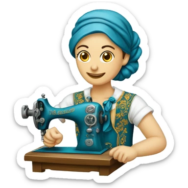 Senhora costureira com máquina de costura antiga azul turquesa  sticker