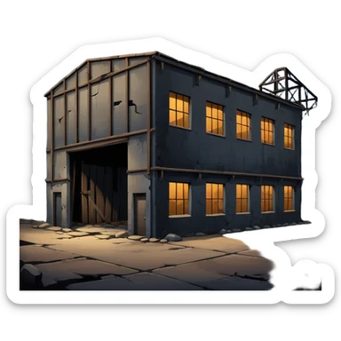 cinematic realistic ultra HD - a warehouse in a secluded place, at night with broken walls sticker