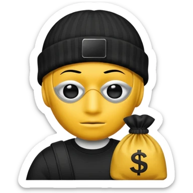 A yellow guy with a black beanie white shirt with black stripes a black mask for it's eyes and holding a money bag with yellow hair sticker