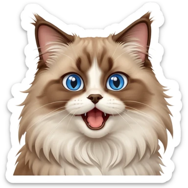 cinematic-adorable-big-eyed-fluffy-brown ragdoll-cat-portrait-emoji,-head-tilted-playfully-with-a-cute,-yawn,-white and brown fur,-simplified-yet-irresistibly-cute-features, blue eyes sticker