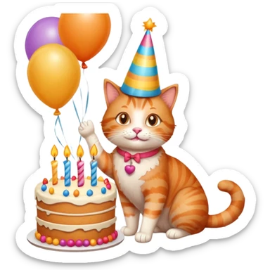 Ginger cat celebrates birthday, birthday hat, birthday cake, balloons, happy sticker
