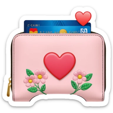 Pale Pink cute Wallet with heart charm, credit cards inside and flowers growing embroidered on it, clean aesthetic, letter R charm on it sticker