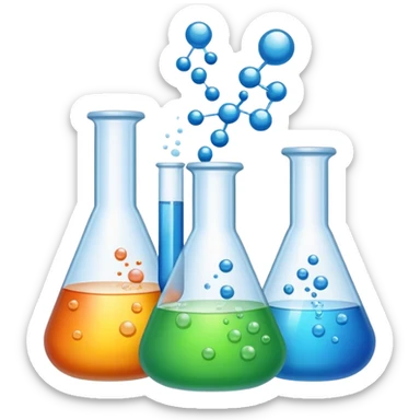 An icon featuring laboratory flasks with tubes, symbolizing chemistry. The design includes liquid and powder substances, a chemical reaction with bubbles, and molecular formulas, representing chemical processes like hydrolysis. Transparent background sticker