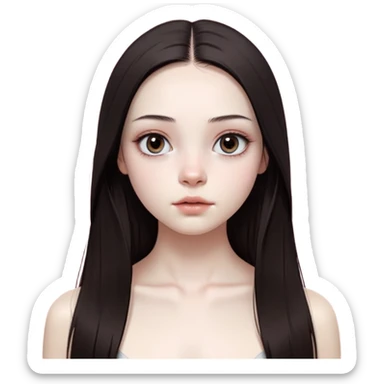 girl with white skin, dark brown long realistic straight hair with middle part prominently falling in front of her body over her shoulders, natural lips with absolutely no cupid's bow and no lip gloss or makeup, big round eyes with very black shiny eyeballs and natural eyelashes, no makeup whatsoever on face, no blush, no eyeshadow, completely bare face, lighter button nose, exceptionally elongated very long oval-shaped face, wearing a pink off-shoulder top, looking directly at camera with hands down at sides sticker