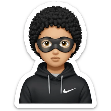 Blasian teenager wearing a hoodie with black curly hair and nike ski mask sticker