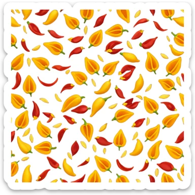 loose scatter of crushed red chili flakes, irregular shapes, deep crimson to dark orange tones, some pieces with tiny yellow seeds, dry slightly rough surface, spicy, apple emoji style, soft lighting, subtle shadows, transparent background, emoji scale sticker