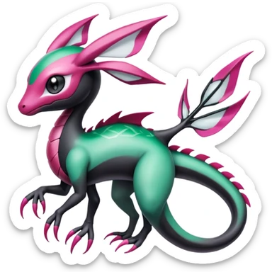 Magenta-black-white-gradients Meloetta-Rayquaza-Gorebyss-Salandit-Pokémon-Fakémon-creature-fusion-hybrid sticker