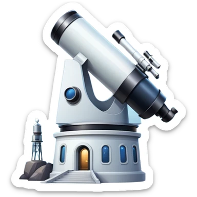An icon featuring an observatory with a giant telescope, set against a starry sky. The design includes visible planets, distant stars, and galaxies, symbolizing the study of astronomy and celestial exploration. Transparent background highlights the wonder of the universe. sticker