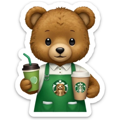 teddy bear wearing green apron with one cup of starbucks coffee sticker