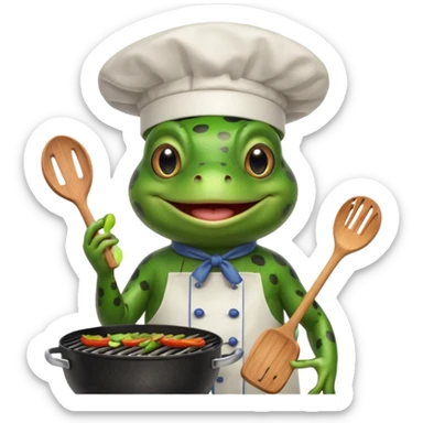 create a weber grill with frog whos wearing chefs hat and cooking on bq sticker