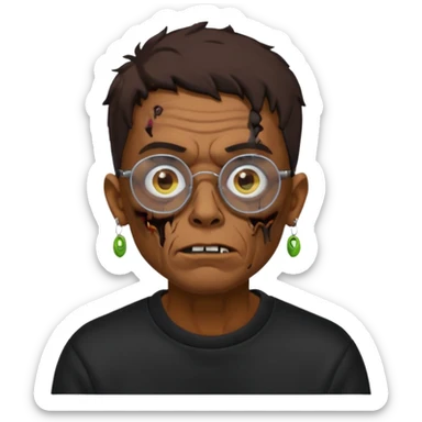 Chico moreno zombie, con gafas y sudadera negra, dos aretes en la oreja izquierda y dos en la derecha, ojeras en los ojos y sticker