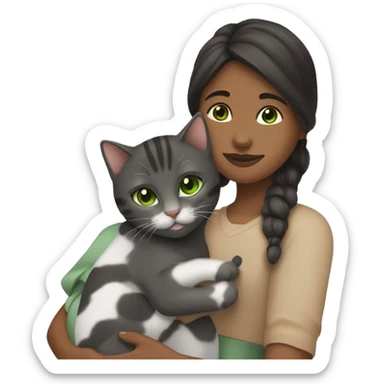 (one brownskin girl with brown eyes and black hair) cuddling (one gray tabby cat with green eyes) sticker
