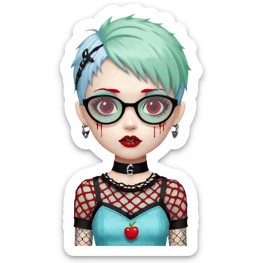 White hair, Ghoulia yelps monster high doll in scene/emo style cherry print dress with fishnet sleeves, clothes, thin, small, red, rectangle glasses, pale white-blue skin, pale-green shaggy pixie-cut , zombie scars , boy, punk choker sticker