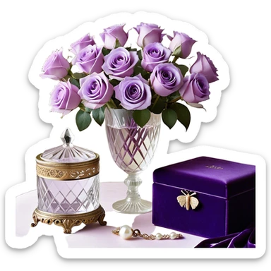 A romantic still life featuring a bouquet of freshly bloomed light violet Ascott tea roses arranged in a crystal vase, accompanied by a deep purple velvet jewelry box partially opened, revealing a pearl necklace inside. A gentle lavender butterfly flutters near the flowers, adding a dreamy touch. An elegant ivory silk ribbon is loosely draped around the arrangement, leading towards an ornate vintage-style perfume flacon in soft pearlescent tones, radiating an air of timeless sophistication sticker