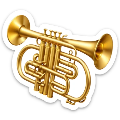 Cinematic Realistic Trumpet, rich golden brass with subtle tarnish marks, soft highlights emphasizing the intricate details, warm reflections of stage lighting bouncing off the metal, glowing with bold and triumphant energy. sticker