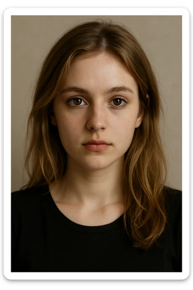 portrait of a white girl with dirty blond hair, hazel eyes, wearing a black top, neutral background sticker