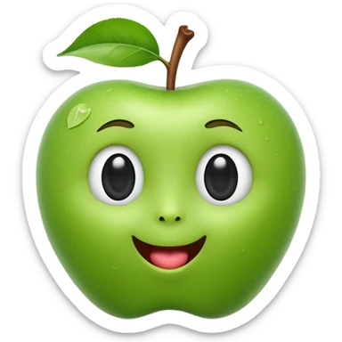 3D iOS-style emoji of a green apple with a cute human face: glossy, soft shading, big black eyes, tiny nose, open mouth with tongue, stem and leaf on top, white background sticker