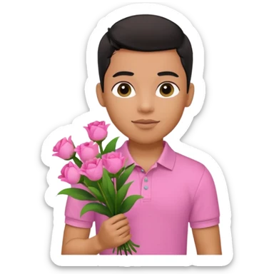 generate a pretty bratz boy wearing a pink polo shirt. Black middle part hair. handsome carrying flowers sticker