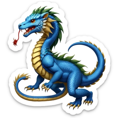 Mušḫuššu, mythic hybrid, blue or turquoise dragon-snake body, lion mane, lion forelegs, eagle talons for hind legs, head half dragon half lion, lizard tail, snake tongue, no wings, ancient and regal sticker
