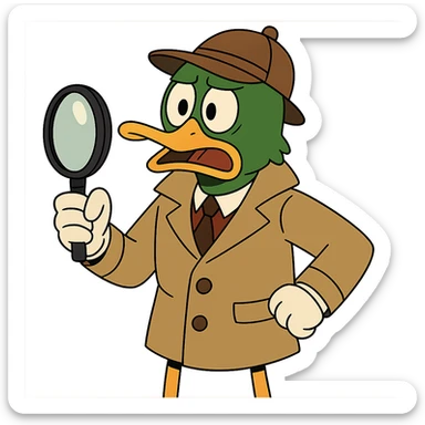 Transform the duck detective into a mallard with a distinctive green head and brown chest, maintaining the cartoon detective style, with no background. sticker