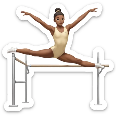 Professional gymnast performing a dynamic routine on parallel bars, captured mid-air in an elegant flip. The background features a well-lit gymnastics arena with a cheering audience. The athlete's posture and expression convey strength, control, and perfect coordination. sticker