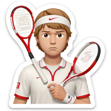 A 3D cartoon-style illustration of a male tennis player resembling Andrey Rublev. He is wearing a white tennis shirt with a small logo, a white wristband, and holding a red and white tennis racket. His expression is serious and focused. He has short brown hair and a headband with a small red logo. The style is similar to an Apple emoji or Memoji character – clean, high-quality, slightly exaggerated facial features, and polished rendering. White background.
 sticker