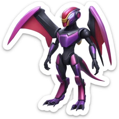 a shiny metallic black-purple-red-yellow Genesect-Flygon-Raptor-Fakémon-Medabot-hybrid with a futuristic visor-helmet full body sticker