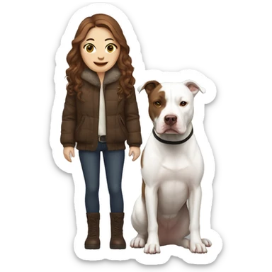 white woman with long brown hair in a furry jacket standing alongside a white pitbull sticker