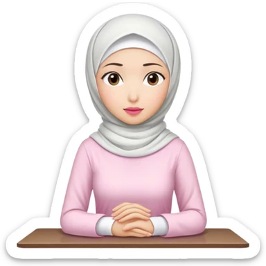 A white Asian woman, white hijab women are listening with her hands folded on the table. her lips is pink. her outfit & hijab color is white sticker