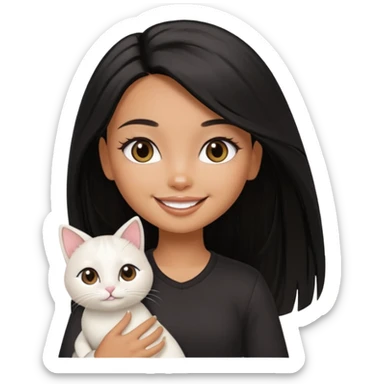 a pretty tan bratz girl with black long straight hair smiling and holding a white cat\ sticker