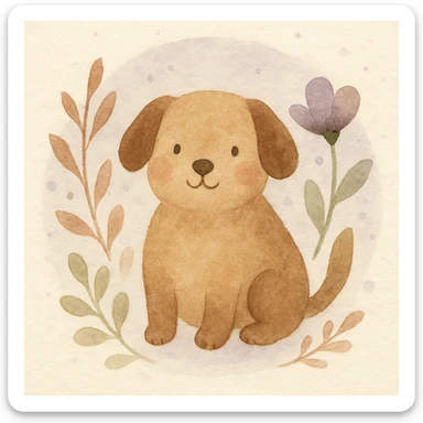 <systemPrompt>
  <style name="Watercolor Botanical Illustration">
    <medium>Watercolor</medium>
    <texture>
      <paper>Soft cotton texture, subtle grain</paper>
      <wash>Transparent color washes with visible layering</wash>
    </texture>
    <palette>
      <primary>Muted earth tones (browns, reds)</primary>
      <accent>Pastel purples and blues</accent>
      <background>Faded lavender wash with scattered dots</background>
    </palette>
    <details>
      <linework>Minimal, soft edges, no outlines</linework>
      <shading>Natural blending, subtle tonal gradients</shading>
      <features>
        <botanical>Organic shapes, abstract leaf and petal structures</botanical>
        <animal>Round forms, friendly expressions, simplified anatomy</animal>
      </features>
    </details>
    <composition>
      <focus>Centered subject</focus>
      <background>Soft circular watercolor wash</background>
      <spacing>Balanced with gentle whitespace</spacing>
    </composition>
    <atmosphere>Whimsical, serene, hand-painted</atmosphere>
  </style>
  <instructions>
    Use this style for all elements in the image. Ensure the soft watercolor texture is preserved across both the subject and background. Emphasize organic, natural forms with minimal sharp detail.
  </instructions>
</systemPrompt>

{subject} = dog sticker