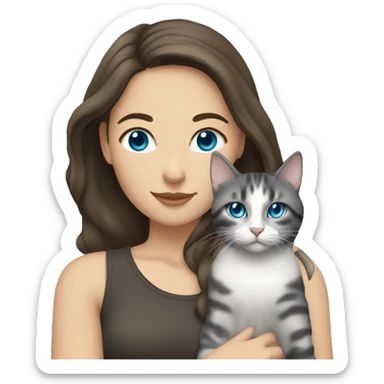 White Woman with blue eyes and long dark hair holding a tabby cat sticker