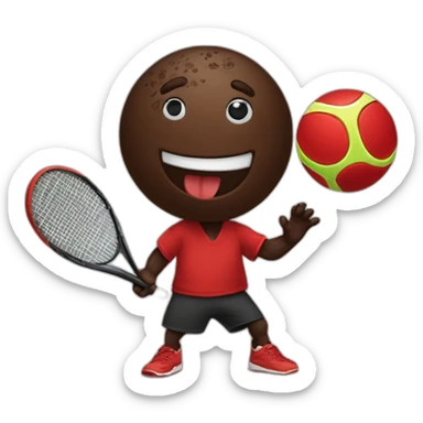 A chocolate colored doodle wearing a red and black handkerchief juggling three tennis balls sticker
