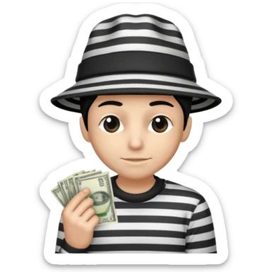 Thief with black and white striped hat, and shirt with money back over shoulder sticker