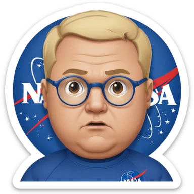 angry chubby man, with blond short and hight receding hairline, wears a dark blue nasa sweatshirt, nasa logo on the breast, round glasses, 40 years old sticker