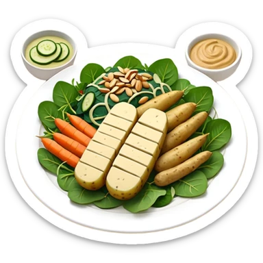 Potatoes stuffed with a filling of cashews, tofu, chives and almonds baked with a cheesy peanut-spinach sauce and smoked tempeh + a salad of fennel-marinated zucchini and carrots served with pickled cucumber and arugula.  sticker